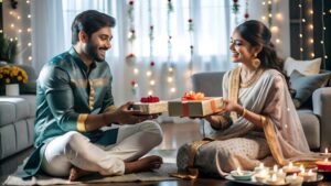 A joyful couple giving each other Marriage Anniversary Wishes